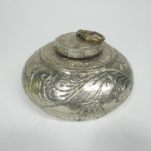 Silver Repousse Pot w/Lid Wooden Vintage Opium India Trinket Box - Picture 1 of 9